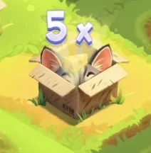 Chees Road Game cat box trap with 5x multiplier — cat ears peeking from a cardboard box