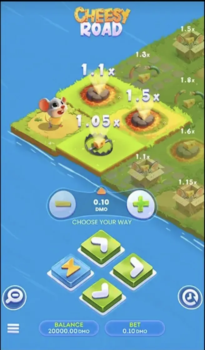 Chees Road Game demo mode showing mouse on the board with DMO virtual currency and direction arrows