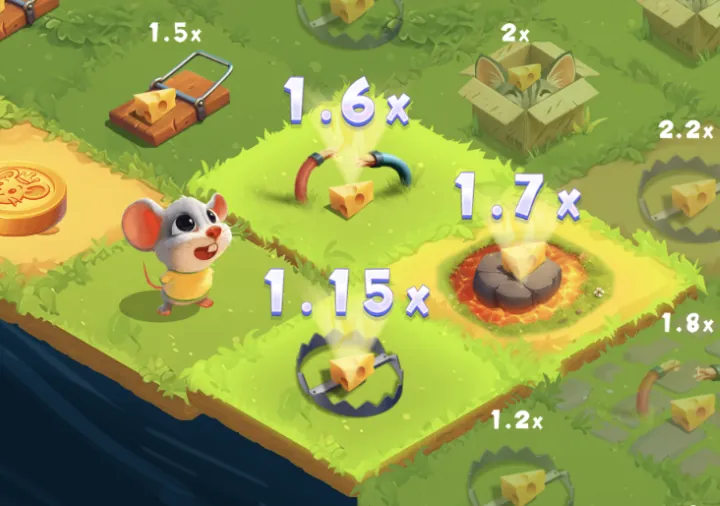 Chees Road Game level progression showing mouse navigating past slingshot and lava traps with rising multipliers