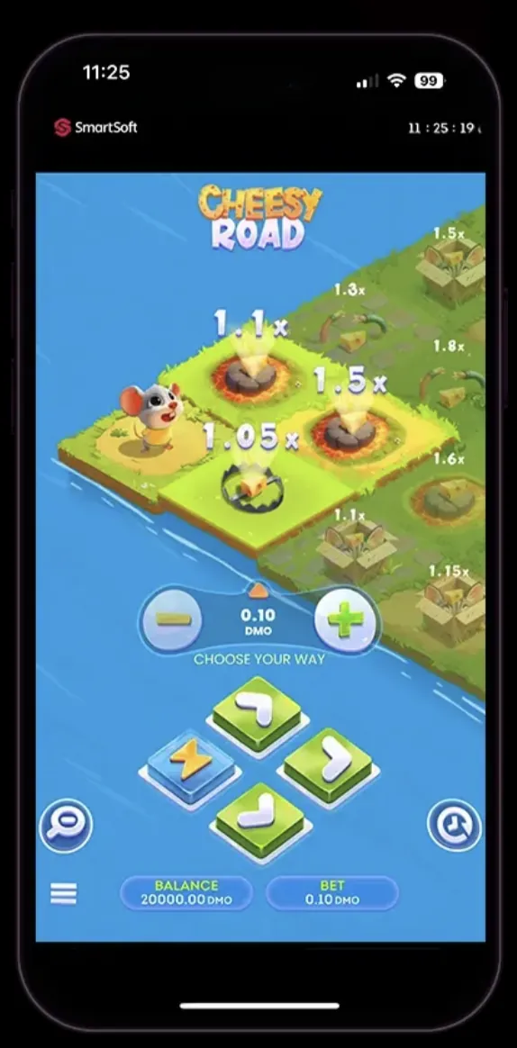 Chees Road Game on iPhone showing mobile gameplay with direction arrows and bet controls