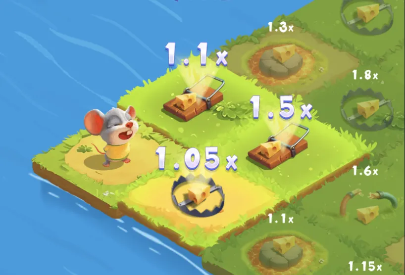 Chees Road Game board showing isometric tiles with multipliers from 1.05x to 1.8x, mousetraps, and the mouse character
