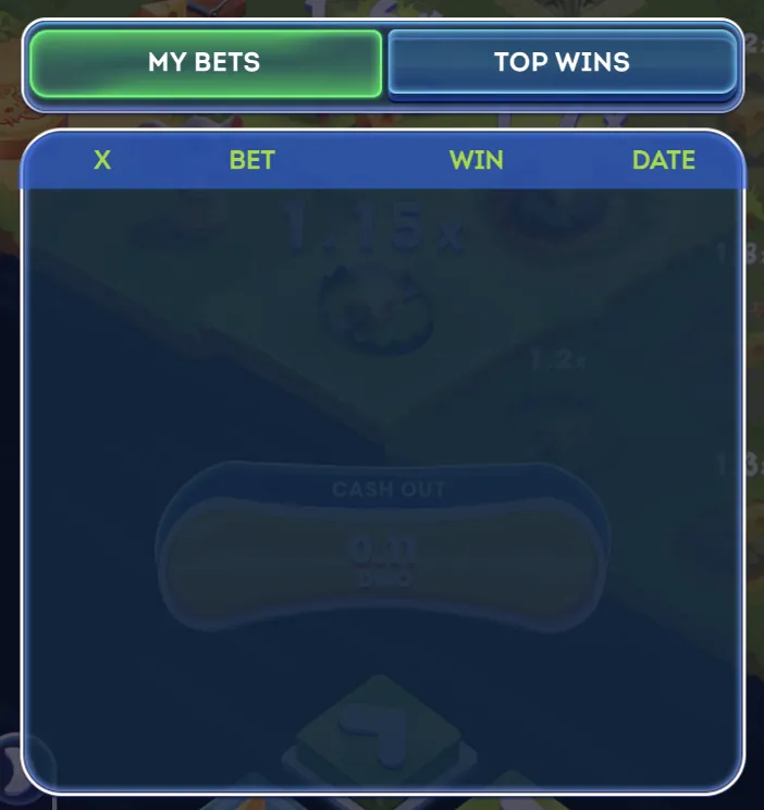 Chees Road Game My Bets history panel showing recent rounds with bet amounts, multipliers achieved, and outcomes