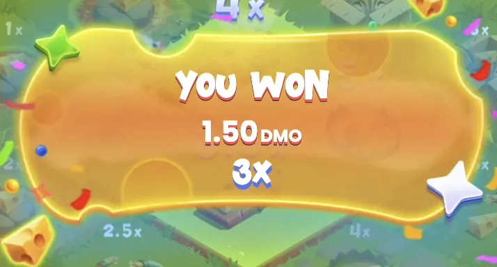 Chees Road Game You Won screen showing 1.50 DMO at 3x multiplier with confetti